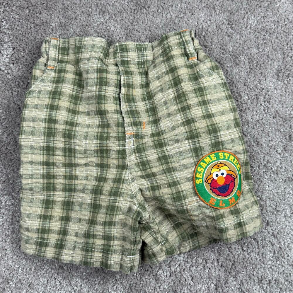 Green Elmo Plaid Shorts Sesame Street Size 12 Months Vtg Baby